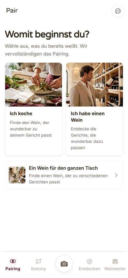 Startbildschirm der SommelierX-App: womit beginnst du, Gericht oder Wein