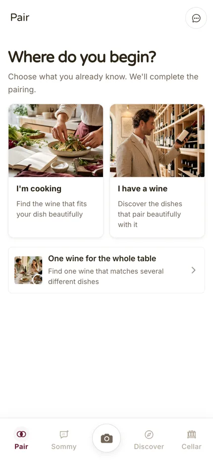 SommelierX app start screen: where do you begin, with your dish or your wine