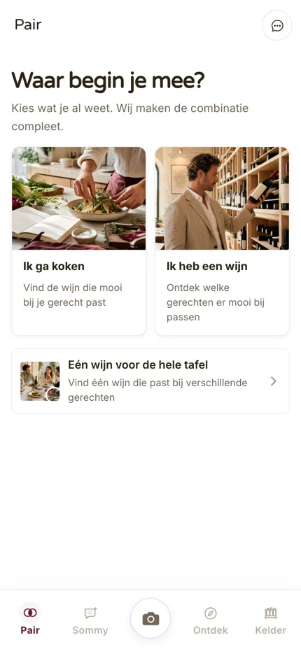 Startscherm van de SommelierX-app: waar begin je mee, met je gerecht of je wijn