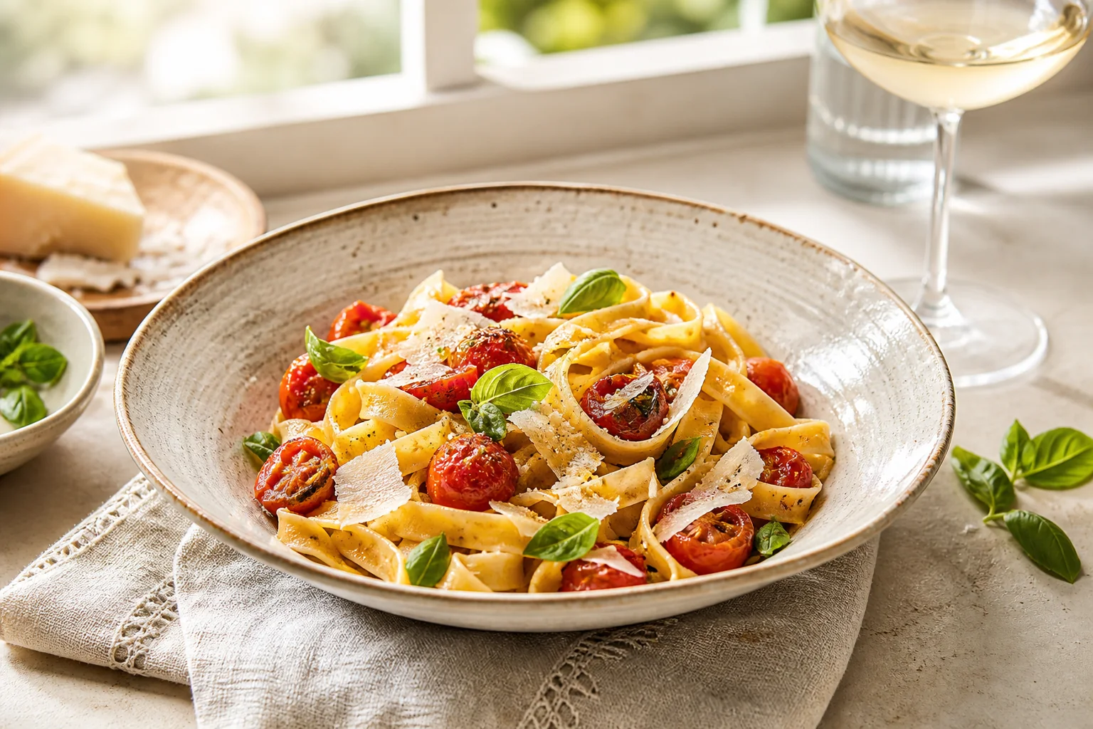 Pasta met een glas rode wijn op een houten tafel