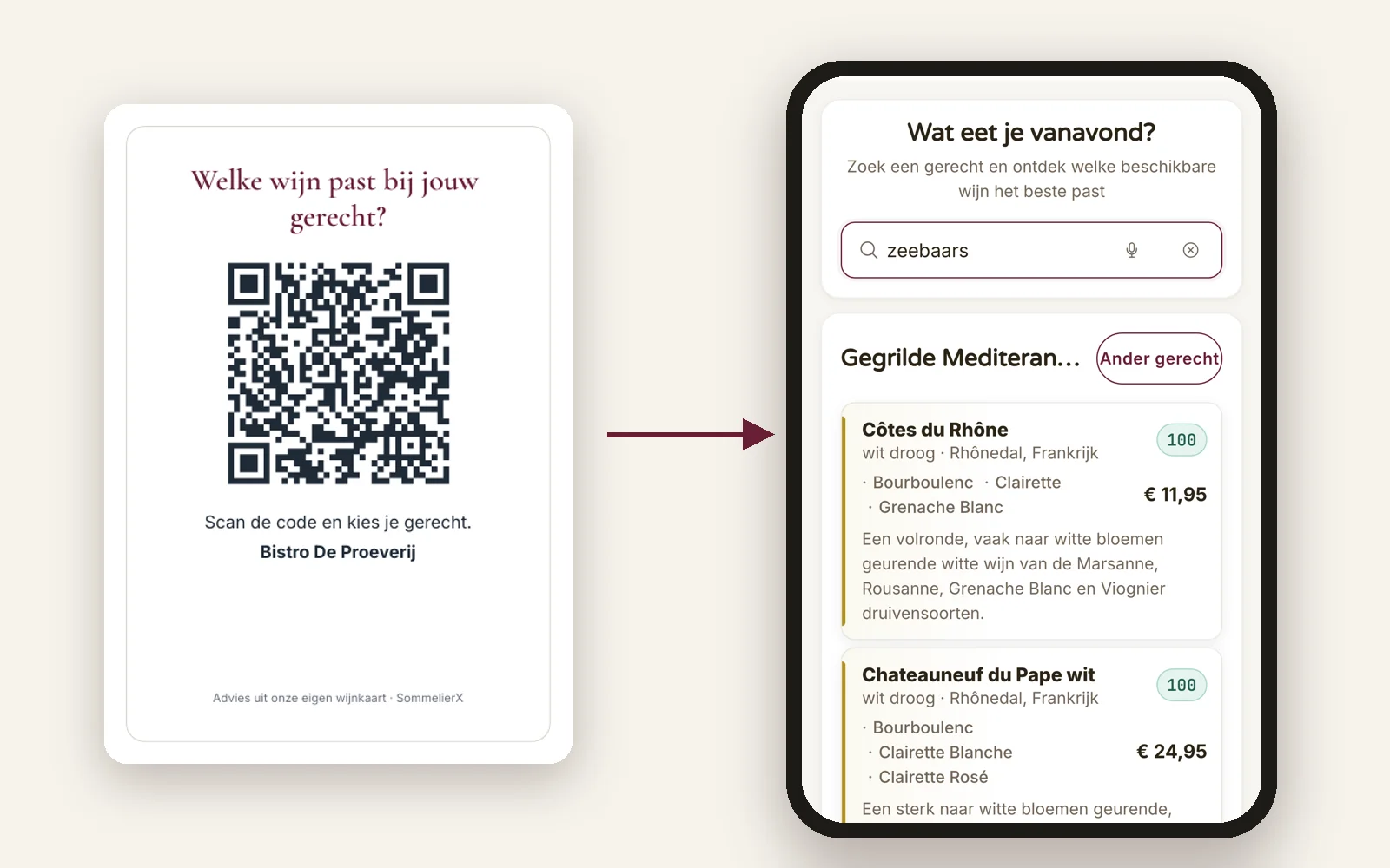 Tafelkaartje met QR-code naast een telefoon met wijnadvies voor gegrilde zeebaars